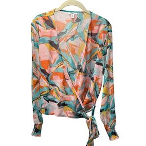 Bar III Womens XL Abstract Print Wrap Top Long Sleeve Smocked Cuff Multi Color